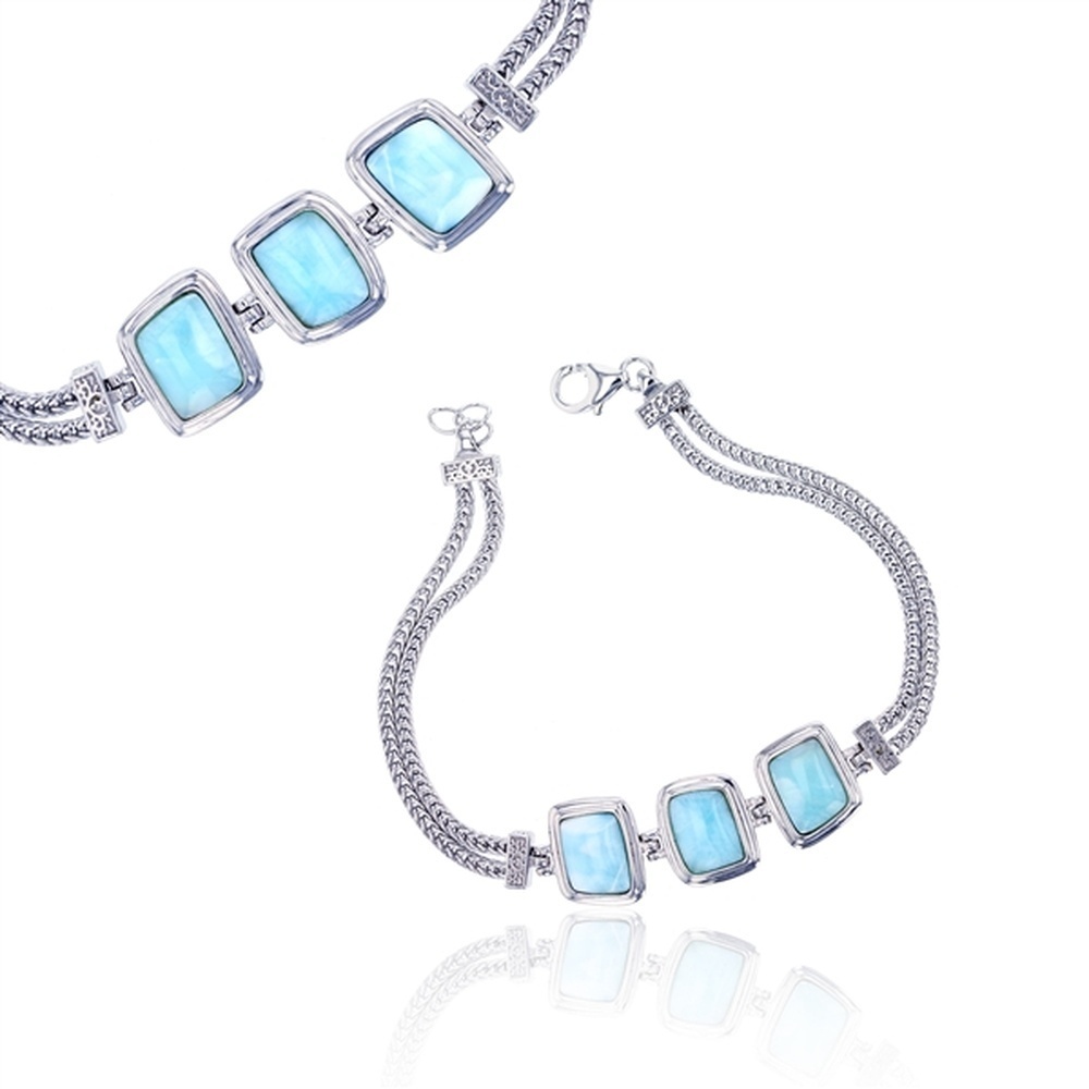 925 Sterling  Silver Larimar 3 Stone Bracelet 7"+1" Pear Shape Lock 11.17 gm